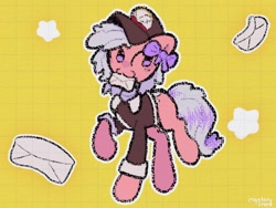 Size: 1024x768 | Tagged: safe, artist:starrymysteryy, imported from derpibooru, oc, oc only, earth pony, pony, abstract background, bow, clothes, commission, female, hair bow, hat, letter, mailmare, mailmare hat, mare, mouth hold, shirt, solo