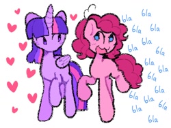 Size: 1024x768 | Tagged: safe, artist:starrymysteryy, imported from derpibooru, pinkie pie, twilight sparkle, alicorn, earth pony, pony, blah blah blah, duo, female, floating heart, heart, lesbian, mare, redraw, shipping, simple background, twilight sparkle (alicorn), twinkie, white background