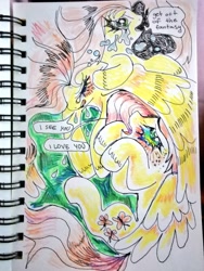 Size: 768x1024 | Tagged: safe, artist:drawswithpaws, imported from derpibooru, fluttershy, pegasus, pony, abstract, solo, talking, traditional art