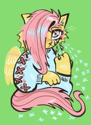 Size: 1494x2048 | Tagged: safe, artist:drawswithpaws, imported from derpibooru, fluttershy, anthro, cat, catified, crying, green background, simple background, solo, species swap