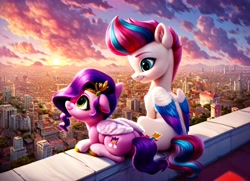 Size: 5120x3712 | Tagged: safe, imported from derpibooru, pipp petals, zipp storm, pegasus, ai content, ai generated, chest fluff, city, cityscape, cloud, cloudy, ear fluff, female, flower, g5, generator:pony diffusion v6 xl, generator:purplesmart.ai, generator:stable diffusion, prompter:kluknawa235, royal sisters (g5), siblings, sisters, sitting, smiling, sun, sunset