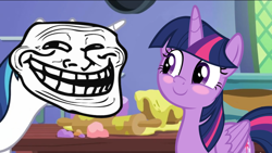 Size: 1080x608 | Tagged: safe, edit, edited screencap, imported from derpibooru, screencap, shining armor, twilight sparkle, best gift ever, blushing, kitchen, meme, rolling pin, trollface, twilight's castle