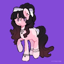 Size: 2048x2048 | Tagged: safe, artist:starrymysteryy, imported from derpibooru, oc, oc only, oc:dahlia ash, earth pony, pony, bow, bracelet, cross, cross necklace, ear piercing, female, hair bow, jewelry, mare, necklace, piercing, purple background, purple eyes, simple background, solo, tail, tail bow