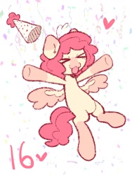 Size: 768x1024 | Tagged: safe, artist:starrymysteryy, imported from derpibooru, oc, oc only, pegasus, pony, abstract background, birthday, colored wings, female, floating heart, hat, heart, mare, party hat, solo, wings