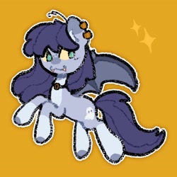Size: 2048x2048 | Tagged: safe, artist:starrymysteryy, imported from derpibooru, oc, oc only, bat pony, pony, choker, commission, ear piercing, earring, fangs, female, jewelry, mare, piercing, simple background, solo, yellow background
