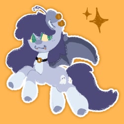 Size: 2048x2048 | Tagged: safe, alternate version, artist:starrymysteryy, imported from derpibooru, oc, oc only, bat pony, pony, choker, commission, ear piercing, earring, fangs, female, jewelry, lineless, mare, orange background, piercing, simple background, solo