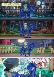 Size: 2171x3070 | Tagged: safe, artist:mysticalpha, imported from derpibooru, princess luna, alicorn, ghost, pony, undead, unicorn, comic:day in the lives of the royal sisters, barn, colt, comic, dialogue, duo focus, eyes in the dark, female, fence, foal, forest, full moon, graveyard, high res, horn, lidded eyes, male, mare, moon, nature, open mouth, open smile, ponies riding ponies, portal, riding, riding a pony, smiling, speech bubble, tree