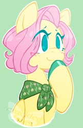 Size: 1160x1788 | Tagged: safe, artist:crackledbugs, imported from derpibooru, fluttershy, pegasus, pony, alternate hairstyle, cute, female, green background, mare, neckerchief, short hair, shyabetes, simple background, solo