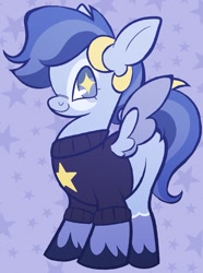 Size: 1039x1395 | Tagged: safe, artist:crackledbugs, imported from derpibooru, oc, oc only, oc:starlight moondust, pegasus, pony, abstract background, clothes, female, mare, solo, sweater