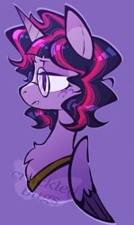 Size: 1145x1925 | Tagged: safe, artist:crackledbugs, imported from derpibooru, twilight sparkle, alicorn, pony, alternate hairstyle, bust, chest fluff, female, glasses, mare, purple background, simple background, snaggletooth, solo, twilight sparkle (alicorn)