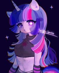 Size: 1587x1983 | Tagged: safe, artist:azhiichigo, imported from derpibooru, twilight sparkle, anthro, unicorn, arm warmers, blue background, breasts, clothes, female, horn, short shirt, simple background, solo, unusual pupils