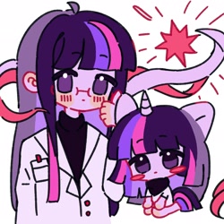 Size: 2048x2048 | Tagged: safe, artist:azhiichigo, imported from derpibooru, twilight sparkle, anthro, human, blushing, clothes, female, humanized, lab coat, self paradox, solo, thumbs up
