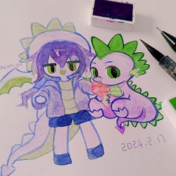 Size: 2100x2100 | Tagged: safe, artist:azhiichigo, imported from derpibooru, spike, anthro, dragon, clothes, food, hoodie, ice cream, male, self paradox, shorts, traditional art