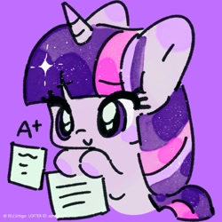 Size: 2048x2048 | Tagged: safe, artist:azhiichigo, imported from derpibooru, twilight sparkle, pony, unicorn, a+, cute, female, mare, purple background, simple background, solo, twiabetes, unicorn twilight
