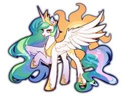Size: 2640x2016 | Tagged: safe, artist:alus, artist:手中玺yu, imported from derpibooru, princess celestia, alicorn, pony, cutie mark background, female, mare, open mouth, raised hoof, simple background, solo, white background