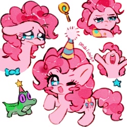 Size: 1080x1080 | Tagged: safe, artist:azhiichigo, imported from derpibooru, gummy, pinkie pie, alligator, earth pony, pony, blushing, candy, crying, cute, diapinkes, female, food, hat, lollipop, male, mare, one eye closed, party hat, wink