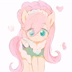 Size: 2048x2048 | Tagged: safe, artist:azhiichigo, imported from derpibooru, fluttershy, butterfly, pegasus, pony, alternate hairstyle, clothes, cute, female, mare, shyabetes, simple background, solo, white background