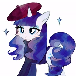 Size: 2048x2048 | Tagged: safe, artist:azhiichigo, imported from derpibooru, rarity, pony, unicorn, beret, blushing, clothes, female, french rarity, hat, high res, horn, looking at you, mare, simple background, solo, sweater, turtleneck, white background