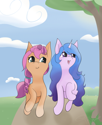 Size: 2916x3592 | Tagged: safe, artist:tkshoelace, imported from derpibooru, izzy moonbow, sunny starscout, earth pony, pony, unicorn, cloud, cute, duo, duo female, female, g5, horn, izzybetes, lesbian, moonscout, shipping, sunnybetes, tree, trotting