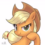 Size: 4000x4000 | Tagged: safe, artist:低能废物, imported from derpibooru, applejack, earth pony, pony, bust, female, looking at you, mare, portrait, simple background, smiling, smiling at you, solo, text, white background