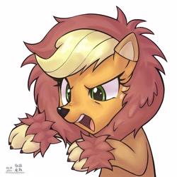 Size: 4000x4000 | Tagged: safe, artist:低能废物, imported from derpibooru, applejack, earth pony, pony, animal costume, applelion, bust, clothes, costume, female, lion costume, mare, open mouth, portrait, roar, simple background, solo, text, white background
