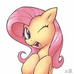 Size: 4000x4000 | Tagged: safe, artist:低能废物, imported from derpibooru, fluttershy, pegasus, pony, bust, female, looking at you, mare, one eye closed, portrait, simple background, smiling, smiling at you, solo, text, white background, wink, winking at you