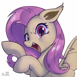 Size: 4000x4000 | Tagged: safe, artist:低能废物, imported from derpibooru, fluttershy, bat pony, pony, bat ponified, bust, female, flutterbat, mare, open mouth, portrait, race swap, simple background, solo, text, white background