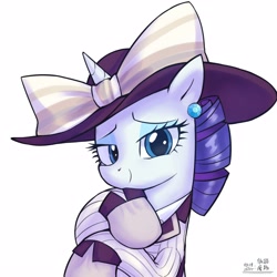 Size: 4000x4000 | Tagged: safe, artist:低能废物, imported from derpibooru, rarity, pony, unicorn, bust, clothes, female, hat, horn, looking at you, mare, portrait, rose dewitt bukater, simple background, smiling, smiling at you, solo, text, white background