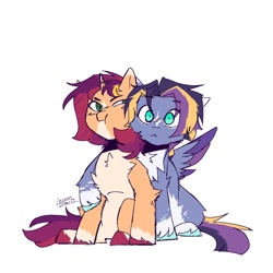 Size: 1280x1280 | Tagged: safe, artist:twiligh7s_bong, imported from derpibooru, oc, oc only, pegasus, unicorn, chest fluff, coat markings, colt, countershading, facial markings, foal, horn, magical lesbian spawn, male, next generation, offspring, parent:sunset shimmer, parent:twilight sparkle, parents:sunsetsparkle, siblings, simple background, star (coat marking), unshorn fetlocks