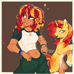 Size: 1280x1280 | Tagged: safe, artist:twiligh7s_bong, imported from derpibooru, sunset shimmer, human, pony, unicorn, belly button, belly piercing, bipedal, brown background, clothes, countershading, ear piercing, earring, female, horn, humanized, jewelry, mare, necklace, pants, piercing, self paradox, self ponidox, short shirt, simple background, solo, wristband