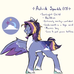 Size: 1280x1280 | Tagged: safe, artist:twiligh7s_bong, imported from derpibooru, oc, oc only, oc:astrik sparkle, pegasus, pony, amputee, colored wings, countershading, magical lesbian spawn, male, missing wing, next generation, offspring, parent:sunset shimmer, parent:twilight sparkle, parents:sunsetsparkle, reference sheet, solo, stallion, unshorn fetlocks, wings