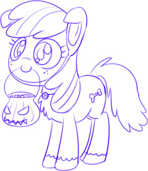 Size: 795x915 | Tagged: safe, artist:mcsadat, imported from derpibooru, apple bloom, earth pony, pony, clothes, costume, dog costume, female, filly, foal, halloween, holiday, jack-o-lantern, mouth hold, nightmare night costume, pumpkin, sketch, smiling, solo