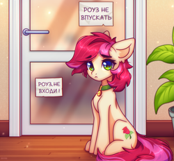 Size: 2691x2500 | Tagged: safe, artist:radioaxi, imported from derpibooru, roseluck, earth pony, pony, behaving like a cat, collar, commission, commissioner:doom9454, cute, cyrillic, door, high res, meme, pet tag, ponified animal photo, pony pet, rosepet, russian, sitting, translated in the description