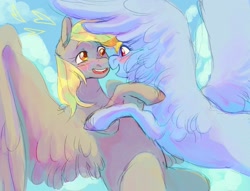 Size: 1700x1300 | Tagged: safe, artist:abbytabbys, imported from derpibooru, derpy hooves, rainbow dash, pegasus, pony, blushing, colored eyebrows, derpydash, duo, female, floating heart, flying, heart, hug, lesbian, mare, shipping, wingding eyes