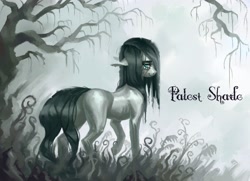Size: 3205x2316 | Tagged: safe, artist:bultico, imported from derpibooru, oc, oc only, oc:palest shade, earth pony, pony, blank flank, female, fog, mare, solo, swamp, tree