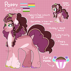 Size: 1280x1280 | Tagged: safe, artist:coleeeslawww, imported from derpibooru, oc, oc only, oc:poppy, earth pony, pony, coat markings, female, genderqueer pride flag, hooves, multicolored hooves, offspring, pansexual pride flag, parent:cheese sandwich, parent:pinkie pie, parents:cheesepie, pride, pride flag, reference sheet, solo, text, trans female, transfeminine pride flag, transgender
