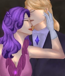 Size: 2194x2560 | Tagged: safe, artist:sh4deshad0w41, imported from derpibooru, prince blueblood, rarity, human, clothes, couple, dress, duo, duo male and female, eyes closed, female, gala dress, hand on face, humanized, jewelry, male, rariblood, shipping, simple background, smiling, straight, suit
