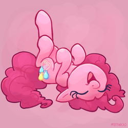 Size: 2048x2048 | Tagged: safe, artist:pfeffaroo, imported from derpibooru, pinkie pie, earth pony, pony, cute, diapinkes, eyes closed, laughing, lying down, on back, open mouth, open smile, pink background, simple background, smiling, solo