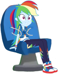 Size: 1724x2168 | Tagged: safe, artist:ilaria122, editor:jbrony, imported from derpibooru, rainbow dash, equestria girls, chair, clothes, converse, cute, female, geode of super speed, little einsteins, magical geodes, pants, seat, seatbelt, shirt, shoes, simple background, sitting, sneakers, solo, sweatshirt, t-shirt, wristband
