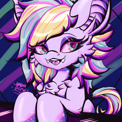 Size: 1920x1920 | Tagged: safe, artist:umbrapone, imported from derpibooru, oc, oc:bass-beat, bat pony, earth pony, pony, bat ears, bust, colorful, fangs, happy, hybrid oc, shiny, solo, sparkles, thick lineart