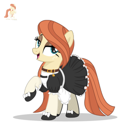 Size: 2500x2500 | Tagged: safe, artist:r4hucksake, imported from derpibooru, oc, oc only, oc:frazzle, earth pony, pony, apron, base used, bedroom eyes, bell, bell collar, bow, clothes, collar, eyeshadow, fishnet clothing, fishnets, freckles, lidded eyes, maid, makeup, shoes, simple background, socks, solo, stockings, thigh highs, transparent background