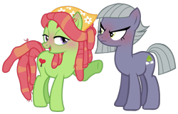 Size: 1197x773 | Tagged: safe, artist:90sigma, artist:thebosscamacho, edit, editor:scribbly07, imported from derpibooru, vector edit, limestone pie, tree hugger, blushing, couple, duo, female, lesbian, limehugger, pointing, shipping, simple background, transparent background, vector