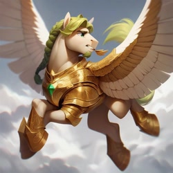 Size: 1024x1024 | Tagged: safe, imported from ponybooru, oc, oc:prince fair charity, pegasus, ai content, ai generated, armor, flying, male, stallion, wing armor