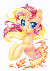 Size: 844x1200 | Tagged: safe, artist:maytee, imported from derpibooru, sunset shimmer, pony, unicorn, bust, horn, magic, magic aura, portrait, smiling, solo, traditional art
