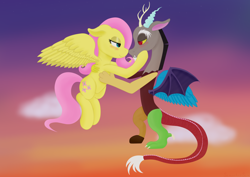 Size: 3508x2480 | Tagged: safe, artist:samenandsam, imported from derpibooru, discord, fluttershy, draconequus, pegasus, pony, blushing, cloud, discoshy, duo, duo male and female, female, flying, high res, hug, looking at each other, looking at someone, male, shipping, sky, smiling, spread wings, straight, sunset, wings