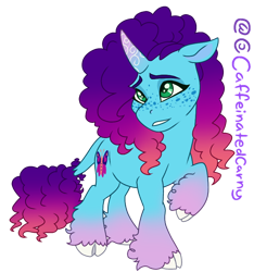 Size: 770x823 | Tagged: safe, artist:caffeinatedcarny, imported from derpibooru, pony, unicorn, cloven hooves, coat markings, curly hair, curved horn, freckles, g5, gradient hooves, gradient horn, gradient mane, horn, horn runes, leonine tail, misty brightdawn, rebirth misty, redesign, simple background, solo, tail, transparent background, unshorn fetlocks