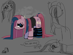 Size: 2310x1721 | Tagged: safe, artist:syrupyyy, imported from derpibooru, pinkie pie, pony, abstract background, alternate cutie mark, black shirt, bracelet, clothes, desaturated, dialogue, doodle dump, dyed mane, dyed tail, ear piercing, earring, emo, eyebrow piercing, eyeshadow, female, frown, hooped earrings, jewelry, lidded eyes, long mane, long socks, long tail, makeup, mare, narrowed eyes, no catchlights, no mouth, offscreen character, piercing, pink coat, pinkamena diane pie, profile, shirt, signature, sketch, sketch dump, socks, standing, straight mane, straight tail, striped socks, t-shirt, tail, talking, text, torn shirt, two toned mane, two toned tail