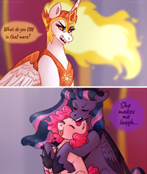 Size: 1760x2076 | Tagged: safe, artist:violetpony11, imported from derpibooru, daybreaker, pinkie pie, twilight sparkle, alicorn, earth pony, pony, alternate universe, comic, dialogue, eyes closed, female, floppy ears, hug, hug from behind, huge, lesbian, mare, nightmare twilight, nightmarified, shipping, silly, speech bubble, tongue out, twilight sparkle (alicorn), twinkie