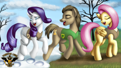 Size: 7680x4320 | Tagged: safe, artist:tsaritsaluna, imported from derpibooru, doctor whooves, fluttershy, rarity, time turner, earth pony, pegasus, pony, unicorn, season 1, winter wrap up, female, horn, male, mare, scene interpretation, singing, snow, stallion, winter wrap up song, winter wrap up vest