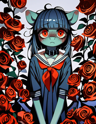 Size: 896x1152 | Tagged: safe, imported from derpibooru, oc, oc:cosmia nebula, anthro, ai content, ai generated, clothes, flower, generator:pony diffusion v6 xl, generator:stable diffusion, prompt in description, prompter:kopaleo, rose, school uniform